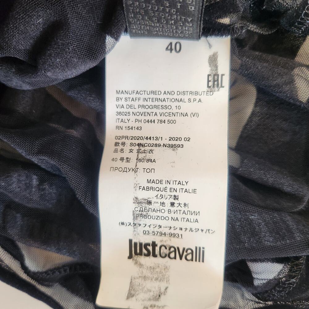Just Cavalli Black Sheer Top Shirt Long Sleeve Size 40 US Small High Neck Velvet - Picture 7 of 9